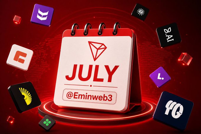 A promotional graphic featuring a red calendar displaying 'JULY' and '@Eminweb3' surrounded by various company logos including Bittensor, Morpheus, and Nillion.