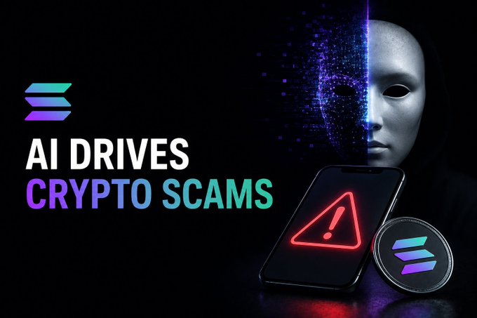 A promotional graphic reading 'AI DRIVES CRYPTO SCAMS' featuring the Solana logo, a masked figure with a digital face, a smartphone displaying a red warning triangle, and a Solana coin.