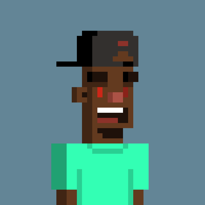 A low-resolution pixel art portrait of a dark-skinned person wearing a backwards black cap and a teal shirt against a solid blue background.