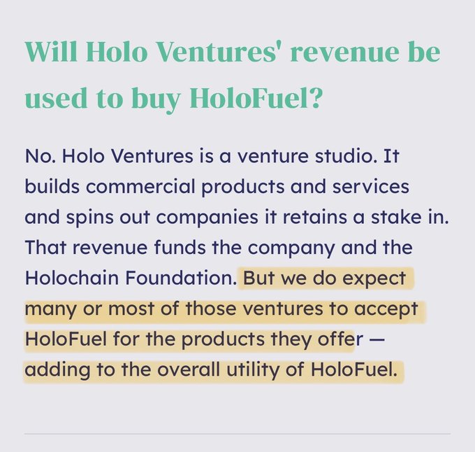 The image features a FAQ-style graphic with a teal heading asking "Will Holo Ventures' revenue be used to buy HoloFuel?" The answer explains that while Holo Ventures is a venture studio that uses revenue to fund the company and the Holochain Foundation, they expect many of those ventures to accept HoloFuel for their products, enhancing HoloFuel's overall utility. A key sentence is highlighted in yellow, directly corresponding to the accompanying post's quote about ventures accepting HoloFuel.