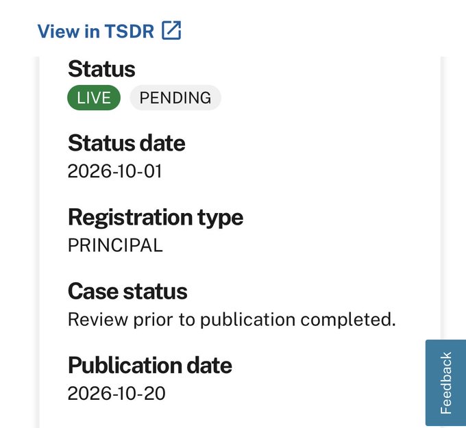 The image displays a USPTO trademark filing summary showing the "$Buttcoin" mark with a LIVE status, a status date of 2026-10-01, and a publication date of 2026-10-20, confirming the 30-day opposition window mentioned in the post that would make Buttcoin the first "coin" to obtain intellectual property protection.