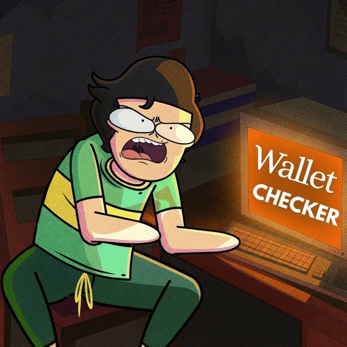 A frustrated cartoon character screams in anger at a glowing computer monitor displaying "Wallet CHECKER" on its screen, perfectly capturing the urgency of checking wallet eligibility before the NFT mint opens. The image humorously illustrates the post's call to action for potential minters to verify their wallet status ahead of the June 30, 3 PM UTC mint date with a 1111 supply at 0.0006 ETH.