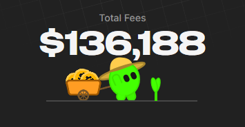 The image displays "Total Fees: $136,188" against a dark background, featuring a green character wearing a yellow hat next to a bag of coins and a shovel—symbolizing the substantial passive income earned from transaction fees while simply holding cryptocurrency. The graphic visually reinforces the post's message that earning yield passively can accumulate to significant amounts without active effort.