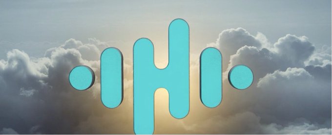 A cyan blue signal/wifi-style icon with dots and bars centered against a cloudy sky background.