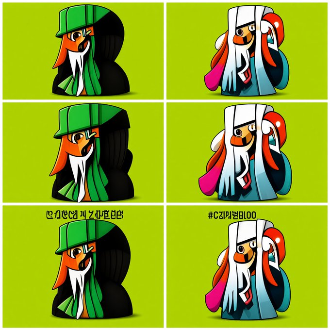 A 2x3 grid of stylized cartoon character illustrations featuring two character designs - one in green with a hat and one in white/blue with long hair - with text including "BLOODLINE" and "#CZIKABLOOD" on the bottom panels.