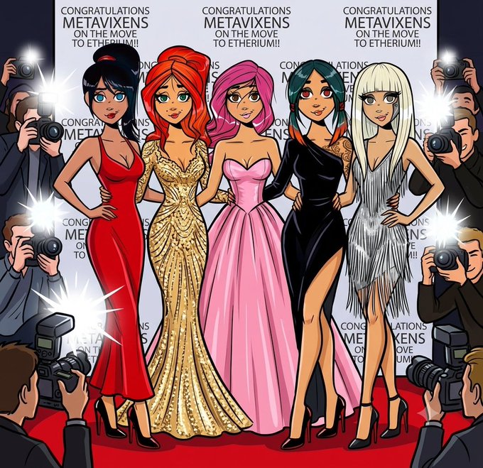 A cartoon-style illustration of five stylish women in glamorous dresses on a red carpet surrounded by paparazzi, with a backdrop reading "CONGRATULATIONS METAVIXENS ON THE MOVE TO ETHEREUM!!"