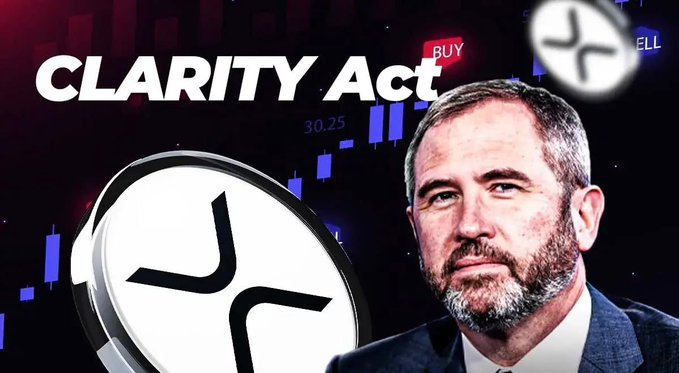 The image features a man in a suit alongside an XRP (X logo) coin graphic and the bold text "CLARITY Act," with a stock chart background displaying a price of 30.25. The visual ties to the post's discussion of regulatory developments around XRP, with the Clarity Act likely being mentioned in reference to the evolving legal and ETF framework surrounding the digital asset.