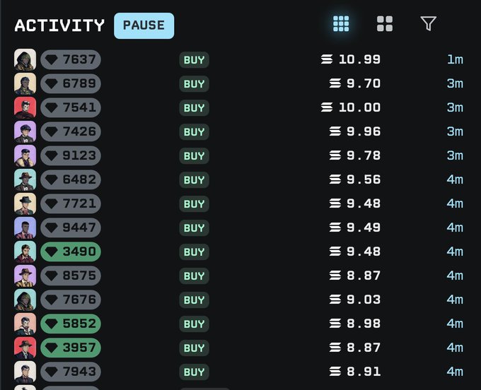 Screenshot of an 'ACTIVITY' interface with a 'PAUSE' button, displaying a list of usernames, 'BUY' buttons, prices (e.g., '10.99', '9.70'), and time durations (e.g., '1m', '3m').