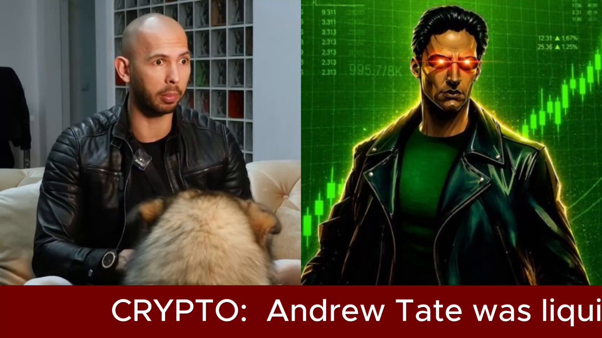 The image features two men sitting next to each other with their dogs. The man on the left has a bald head, while the man on the right has red eyes. They are both wearing leather jackets. In front of them, there's a poster or banner that says "Crypto." Below this, there is text that reads "Is Andrew Tate The Next James Wynn? Andrew Tate was trending yesterday, but for the wrong reasons... He suffered a near-total wipeout of his active trading capital when aggressive, high-leverage positions on @HyperliquidX triggered eight liquidations within a 24-hour window."