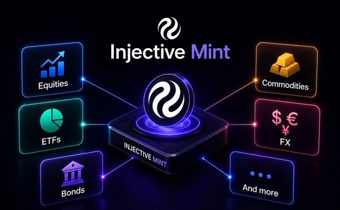 A promotional graphic for 'Injective Mint' displaying its logo in the center, connected to surrounding category boxes labeled Equities, ETFs, Bonds, Commodities, FX, and 'And more'.