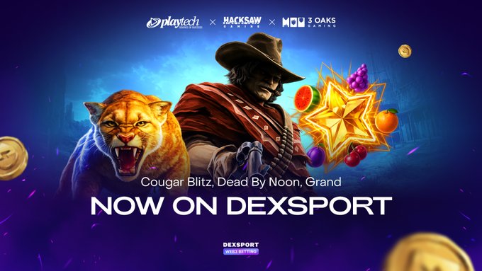 A promotional banner for Dexsport featuring Playtech, Hacksaw, and 3 Oaks games, advertising 'Cougar Blitz, Dead By Noon, Grand' as 'NOW ON DEXSPORT' with a cougar and cowboy character.