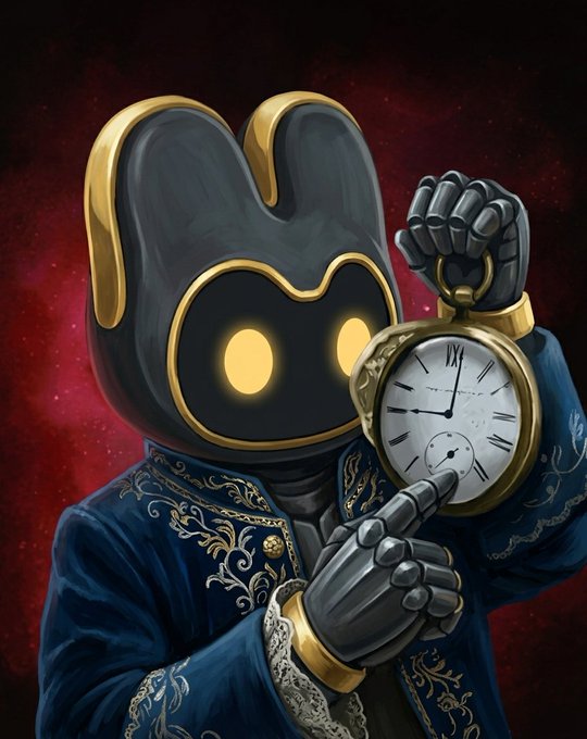 A stylized robotic figure in an ornate blue Victorian-style coat with gold trim holds up a cracked antique pocket watch against a deep red cosmic background, its glowing yellow eyes fixed on the fractured face. The image visually echoes the "Tick tock tick tock" caption by emphasizing the urgency of time slipping away, embodied by the broken clock and the mechanical, clockwork-like nature of the character.