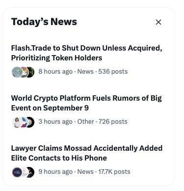 The image shows a "Today's News" widget featuring three headlines, including "World Crypto Platform Fuels Rumors of Big Event on September 9" (3 hours ago, 726 posts), which directly relates to the accompanying post about a crypto platform and the September 9 event rumors.