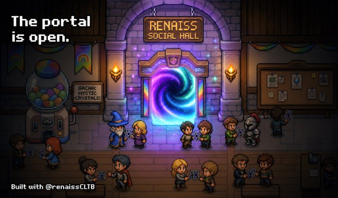 Pixel art promotional image for 'RENAISS SOCIAL HALL' showing a glowing portal with characters queued up, a gacha machine, and text reading 'The portal is open.' and 'Built with @renaissCLIB'.