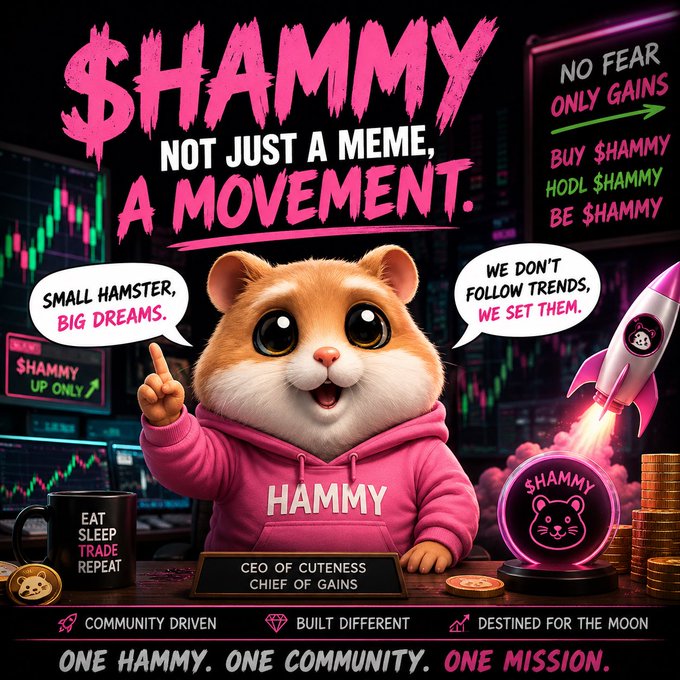 A vibrant promotional graphic for a cryptocurrency or meme coin called '$HAMMY', featuring a cartoon hamster in a pink 'HAMMY' hoodie, with slogans like 'NOT JUST A MEME, A MOVEMENT', 'NO FEAR ONLY GAINS', and 'ONE HAMMY. ONE COMMUNITY. ONE MISSION.'