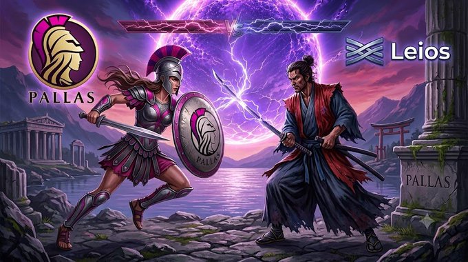 A dramatic fantasy illustration showing a battle between 'PALLAS' (a female warrior in pink and silver armor) and 'Leios' (a male samurai), with their logos displayed and a purple lightning-filled sky behind them.