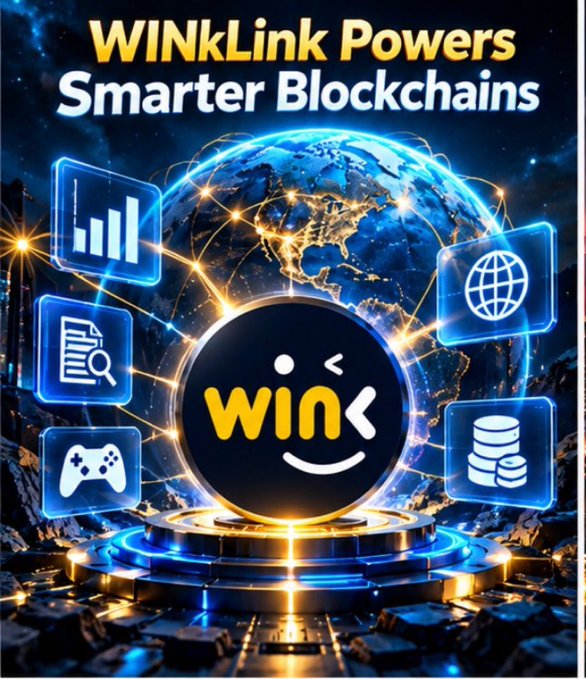 A promotional graphic titled 'WINkLink Powers Smarter Blockchains' featuring the Win cryptocurrency logo surrounded by icons representing analytics, gaming, databases, and global networking.