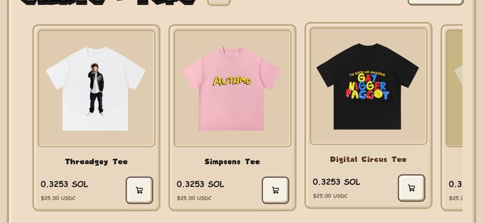 An online store displaying three t-shirts for sale at 0.3253 SOL ($25.00 USDC): 'Threadguy Tee' (white), 'Simpsons Tee' (pink), and 'Digital Circus Tee' (black).