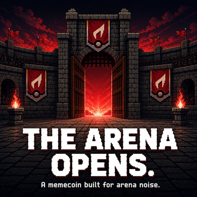 A dark, pixel-art castle gate stands open against a blood-red sky, flanked by torches and red banners bearing a stylized emblem. Bold white text reads "THE ARENA OPENS." with the tagline "A memecoin built for arena noise," directly reinforcing the post's announcement of the $POW memecoin's arena-themed launch.