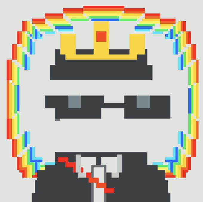 A pixel-art skull rendered in vibrant rainbow hues with a golden crown, displayed on a circular chain of colored blocks representing the Robinhood Chain platform's creative space. The post highlights how the platform empowers users to create and showcase their own digital artwork.