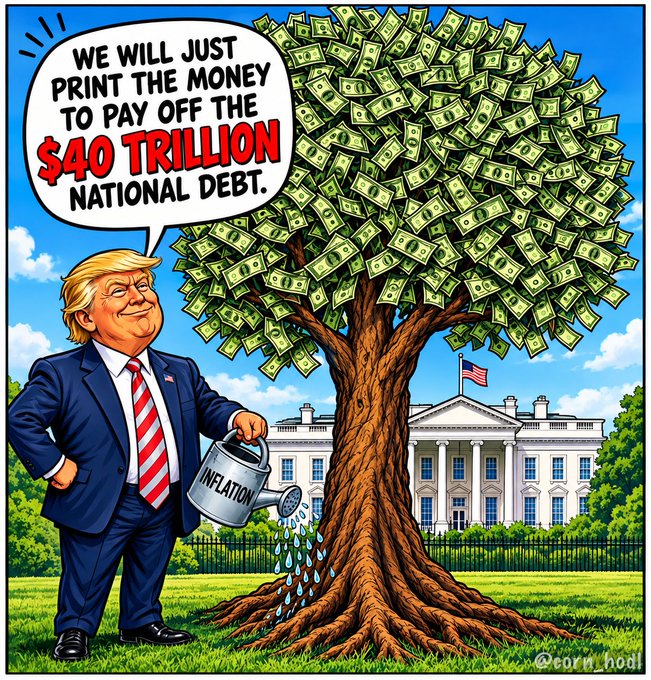 A political cartoon depicts him watering a money tree with a watering can labeled "INFLATION," while a speech bubble reads, "WE WILL JUST PRINT THE MONEY TO PAY OFF THE $40 TRILLION NATIONAL DEBT," set in front of the White House.