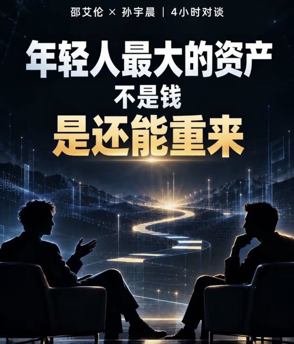 A promotional poster in Chinese features the text '邵艾伦 × 孙宇晨 | 4小时对谈' at the top and '年轻人最大的资产 不是钱 是还能重来' in the center, with two silhouetted figures conversing below.