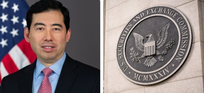 SEC Commissioner Mark Uyeda is pictured alongside the official seal of the U.S. Securities and Exchange Commission, illustrating his role in pushing for less enforcement-driven crypto policymaking, clearer regulations, and greater cooperation with Congress to mark a new chapter for the industry.