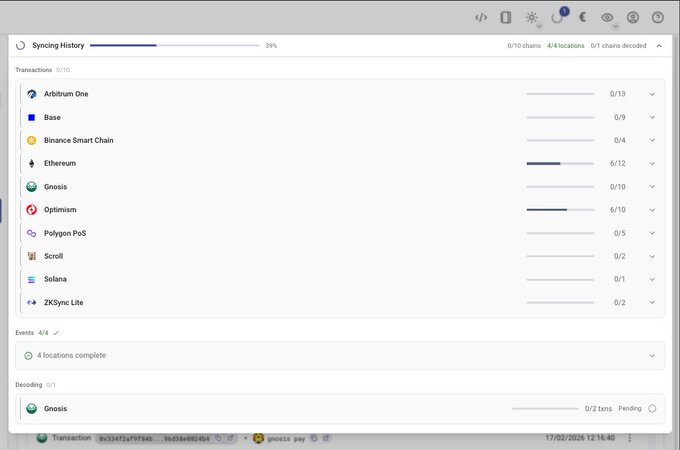 A cryptocurrency wallet syncing interface showing progress at 39%, with a transaction list for networks including Arbitrum One, Base, Ethereum, Optimism, Solana, and others, dated 17/02/2026.