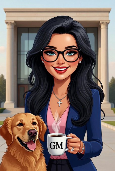 A stylized digital cartoon portrait depicts a smiling woman with dark hair and glasses holding a 'GM' coffee mug alongside a golden retriever, set against a classical building backdrop.