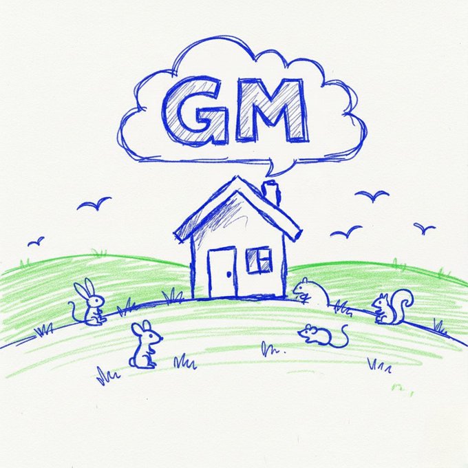 A simple hand-drawn sketch in blue and green crayon featuring a small house with a 'GM' speech bubble above it, surrounded by rabbits and squirrels on a grassy hill.