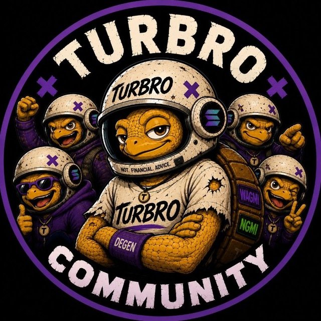 A circular emblem features anthropomorphic turtle characters in astronaut helmets, with the central turtle wearing a "TURBRO" shirt, "DEGEN" wristband, and a backpack labeled "WAGMI" and "NGMI," surrounded by the text "TURBRO COMMUNITY." The caption reads "NOT FINANCIAL ADVICE," aligning with the post's focus on the $TURBRO Solana meme coin community, highlighting the "quiet builders" theme through the confident, crew-like turtle squad.