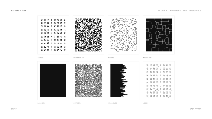 Gallery page titled 'STATEMENT - BLACK' by Jack Butcher featuring 8 black-and-white OnCyber credits artworks (ISSUED, CONSOLIDATED, ACQUIRED, ALLOCATED, BALANCED, AMORTIZED, RECONCILED, VOIDED).