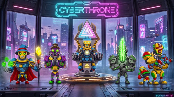 A digital illustration titled 'CYBERTHRONE' showing several armored characters in a futuristic city setting, with the watermark 'Sumon4447S' in the corner.