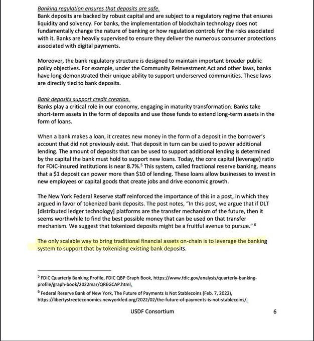 The image shows page 6 of a USDF Consortium document discussing how banking regulation ensures deposit safety and supports credit creation, highlighting in yellow that "The only scalable way to bring traditional financial assets on-chain is to leverage the banking system to support that by tokenizing existing bank deposits."