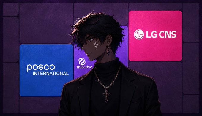 An anime-style illustration of a young man with dark hair in a black suit and cross necklace, standing in front of screens displaying logos for POSCO International, Injective, and LG CNS.
