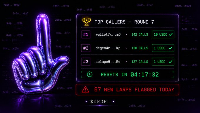The image features a purple hand pointing at a scorecard, which displays the top 10 callers for Round 7 of a game called "Top Callers". The scorecard also shows the number of calls each player has made during this round, along with their respective scores. The post includes a warning about a new "larp" scam that targets players who are not paying attention to the details in the image and might be tempted to participate in the scheme without realizing it's a trap.
