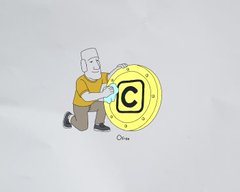 A stylized illustration shows a kneeling man in a yellow shirt and shorts assembling or holding up a large gold coin with a black "C" in the center, with the word "Concrete" beneath it, representing the Concrete DeFi USDT Vault tutorial discussed in the post.