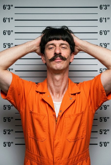 A man with a distinctive handlebar mustache and bowl haircut stands against a police lineup height chart, wearing an orange prison jumpsuit with his hands raised behind his head.