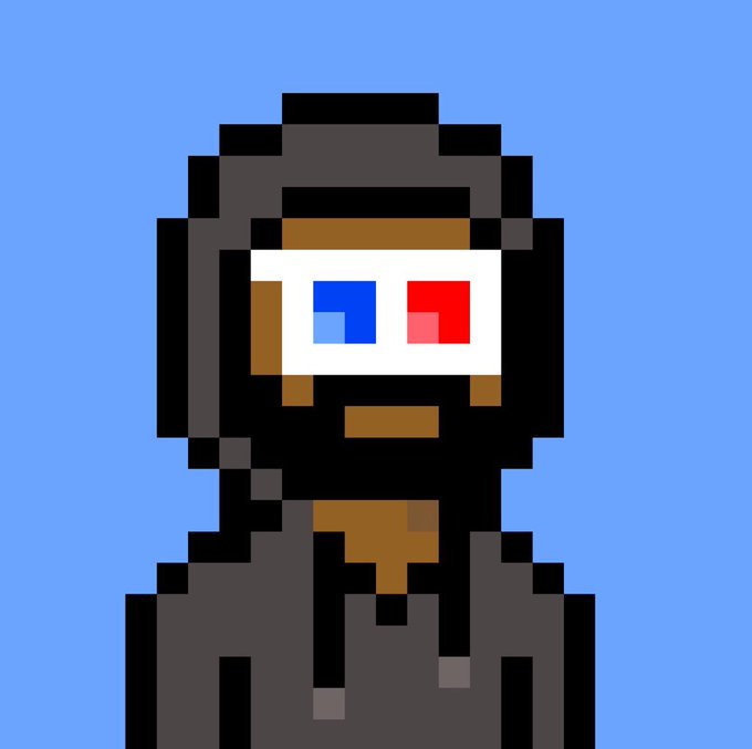 A pixel art character with a black beard and a red-blue 3D glasses visor stands against a solid blue background.