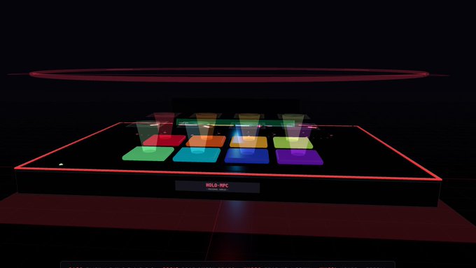An electronic holographic chess board with colorful illuminated squares glows in a dark room, displaying 'HOLO-ARC' on its screen.