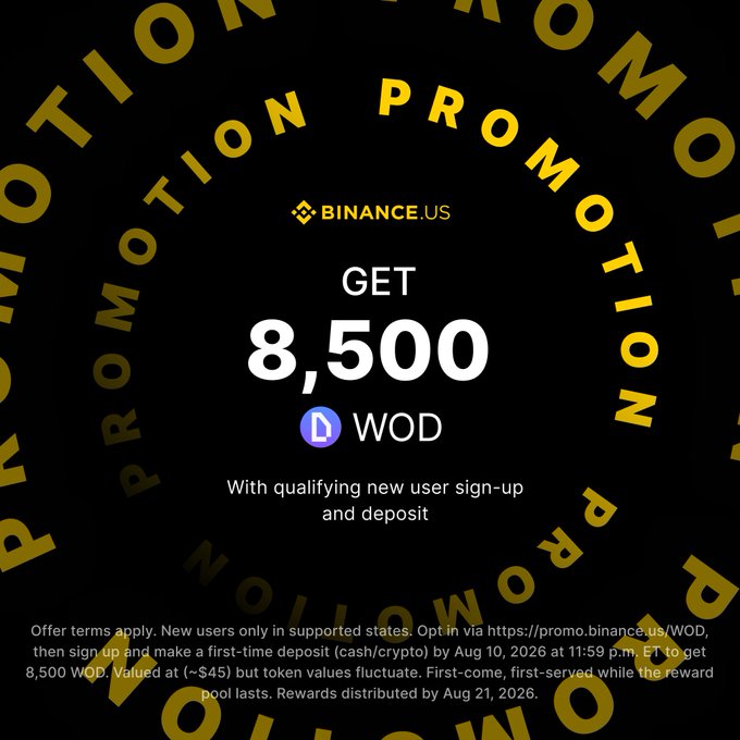 A Binance.US promotional graphic announcing that new users can earn 8,500 $WOD (~$45) by signing up and making a first-time deposit, with the offer ending in early August. The post aligns with the image's promotion details while noting a slightly earlier end date and approximate value for the $WOD reward.