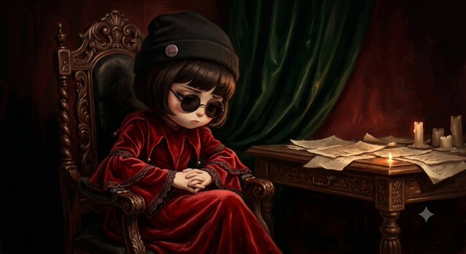 A young girl wearing a black beanie, round sunglasses, and a red velvet dress sits in an ornate wooden chair beside a desk with scattered papers and lit candles, in a dimly lit, gothic atmosphere.