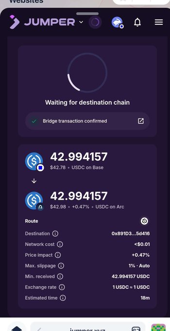 The image shows a Jumper Exchange bridge transaction in progress, swapping 42.994157 USDC from Base network to Arc network, with the bridge transaction confirmed and awaiting destination chain confirmation, supporting the post's announcement about depositing to ARC via Jumper.