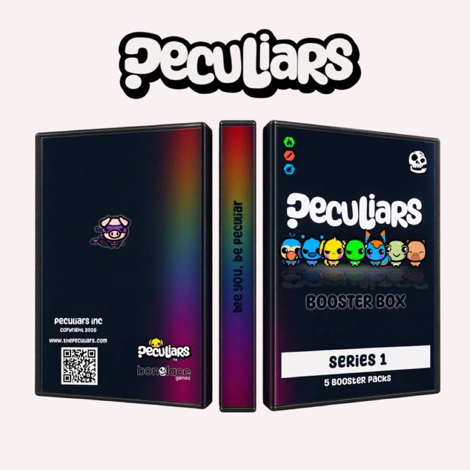A "Peculiars" Series 1 Booster Box by Peculiars Inc / Bonface Games (2026) containing 5 booster packs, featuring colorful cartoon mascot characters and the tagline "bee you, be peculiar." The image aligns with the post's enthusiasm for supporting a TCG focused on artistic appreciation over profit-chasing, highlighting the brand's web2-meets-web3 appeal.