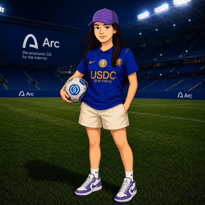 An illustrated character wearing a USDC by Circle jersey holds a soccer ball on a field with Arc sponsorship banners in the background.