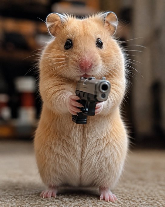 A golden hamster stands upright on its hind legs, holding a small silver handgun with both paws.