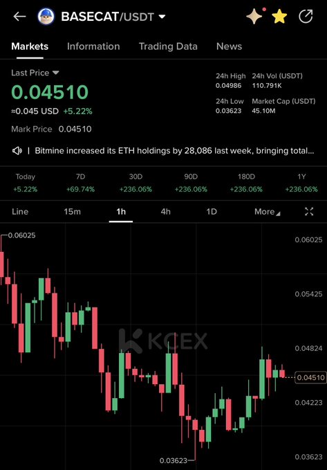 Mobile screenshot of the KuCoin (KCEX) exchange displaying the BASECAT/USDT trading pair, showing a last price of 0.04510 USDT with a +5.22% increase, along with a candlestick chart and market statistics.