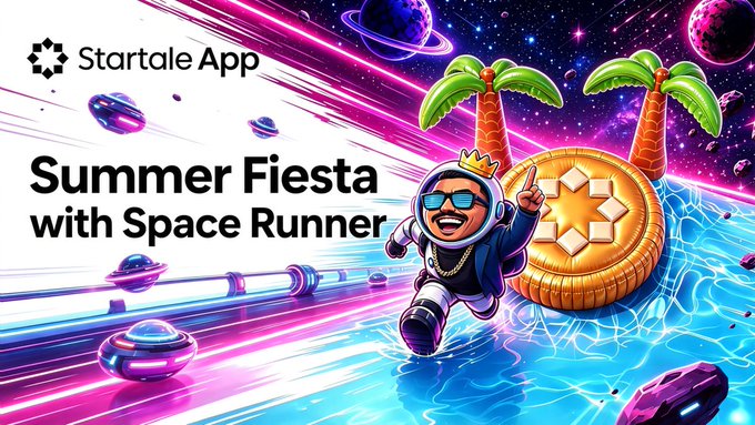 A colorful 'Summer Fiesta with Space Runner' banner by Startale App shows an astronaut character and a gold coin with a star emblem against a cosmic background.