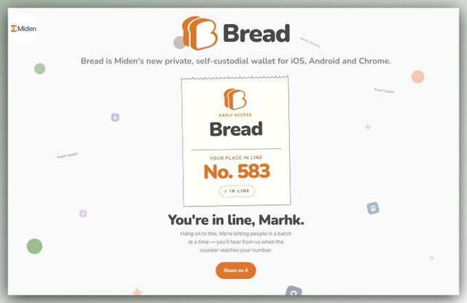 A promotional graphic for the Bread wallet waitlist displays a personalized "Early Access" ticket showing "No. 583" in line for the user "Marthk," announcing Miden's new private, self-custodial wallet for iOS, Android, and Chrome. The image supports the post by providing visual proof of joining the Bread wallet waitlist ahead of the Miden mainnet launch.