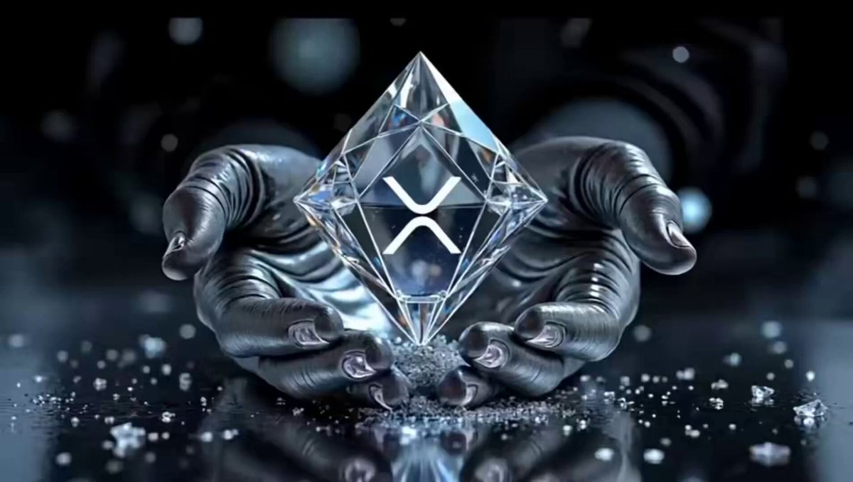 The image features two hands holding a crystal that resembles a diamond shape with an X written inside of the center. The crystal has a gray hue, possibly made from a metal or stone material. Surrounding this main scene are smaller images and text elements, which might be related to the context of selling or investing in cryptocurrency like XRP. The background is black, providing contrast that highlights the diamond-like texture of the crystal and draws attention to it. Overall, there appears to be some emphasis on the value and uniqueness of the crystal, possibly as a representation of an exclusive collection or limited edition item.